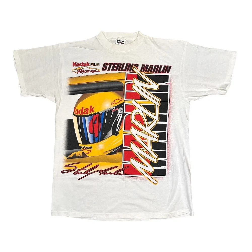 Vintage 90s Sterling Marlin NASCAR Kodak Racing AOP Tultex T Shirt Mens XL